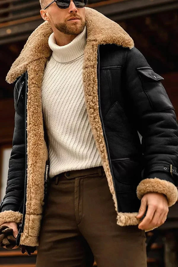 SUENTA Men's Vintage Genuine Sheepskin Aviator Flying Jacket - Warm Camel Shearling Bomber Coat with Fur Collar & Heavy-Duty Zip Schwarz