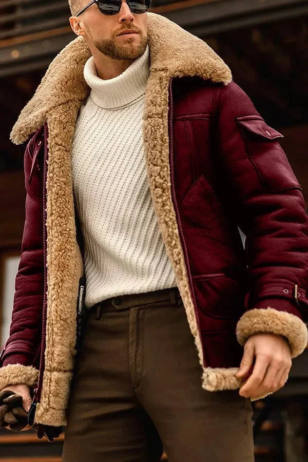 SUENTA Men's Vintage Genuine Sheepskin Aviator Flying Jacket - Warm Camel Shearling Bomber Coat with Fur Collar & Heavy-Duty Zip Rot