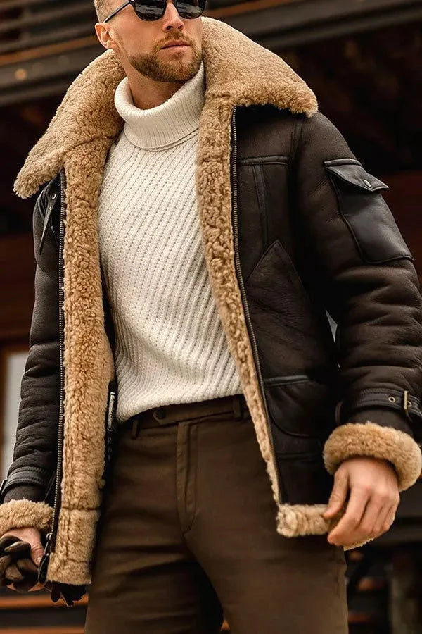 SUENTA Men's Vintage Genuine Sheepskin Aviator Flying Jacket - Warm Camel Shearling Bomber Coat with Fur Collar & Heavy-Duty Zip Kaffee