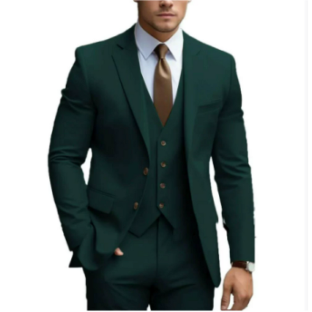 SUENTA Ranches | Herren Formell Hochzeitsgast Anzug 3-teiliges Set | Schlanke Passform Dunkelgrün
