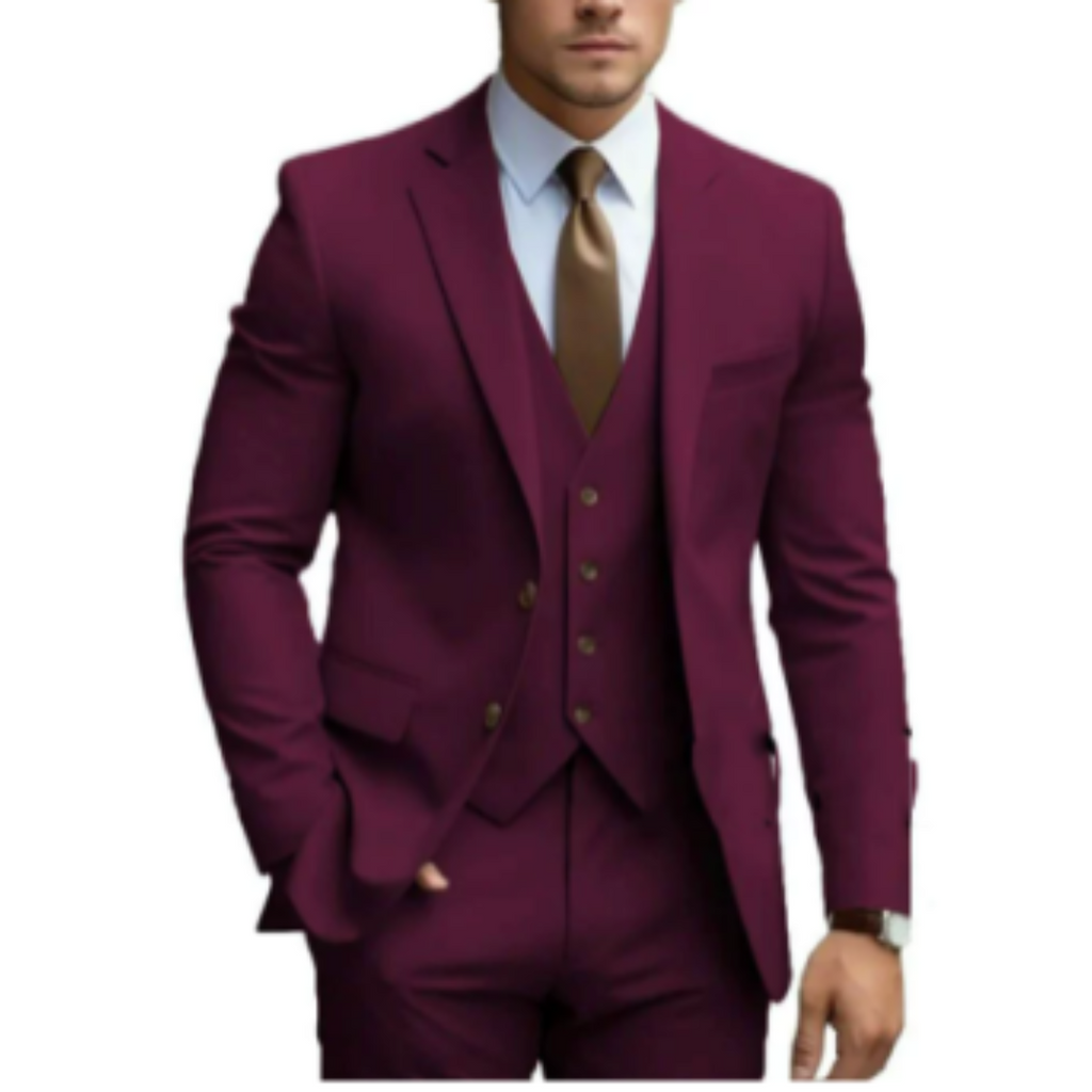 SUENTA Ranches | Herren Formell Hochzeitsgast Anzug 3-teiliges Set | Schlanke Passform Burgundrot
