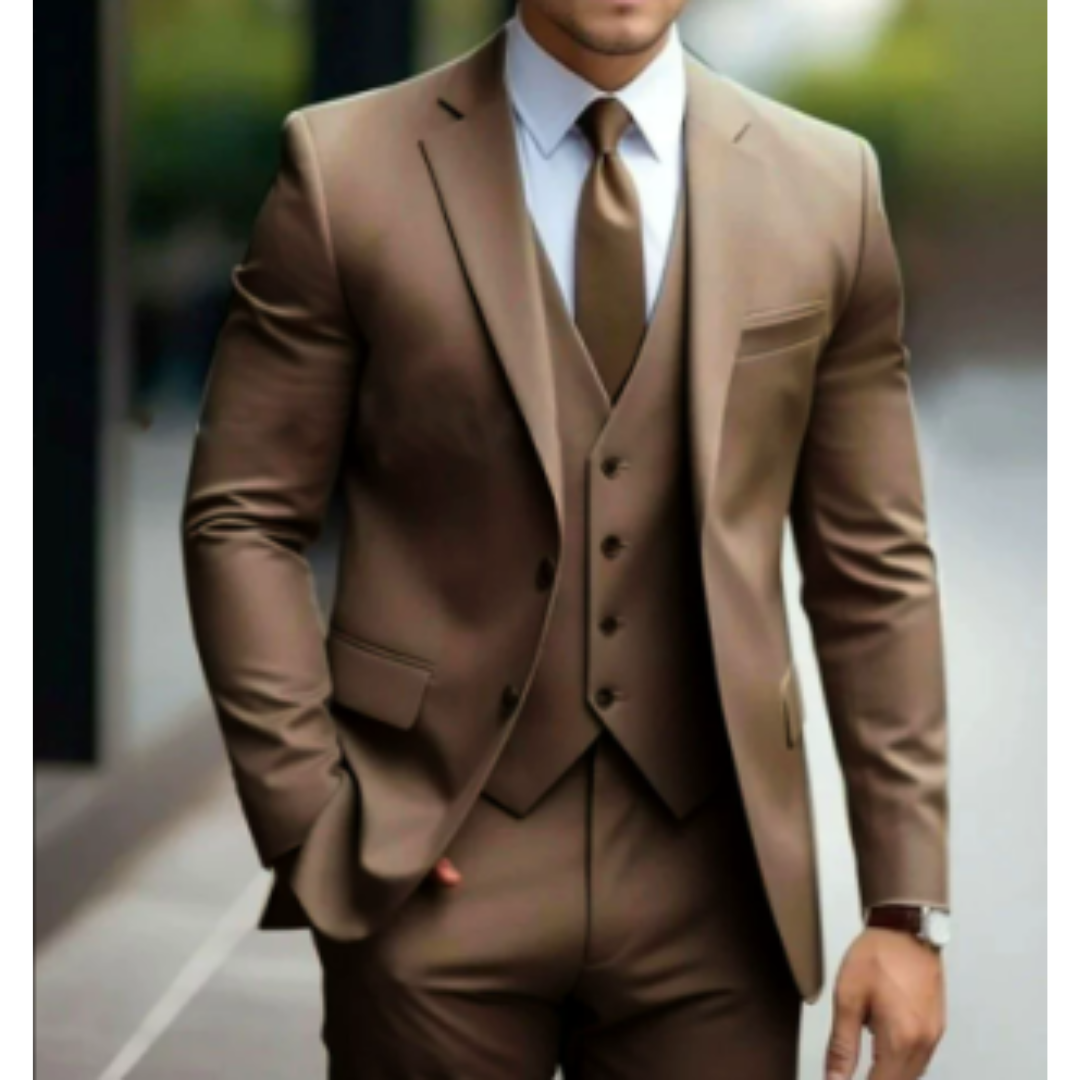 SUENTA Ranches | Herren Formell Hochzeitsgast Anzug 3-teiliges Set | Schlanke Passform Braun