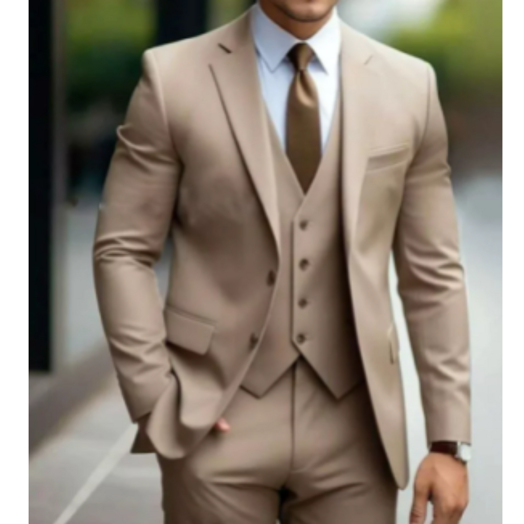 SUENTA Ranches | Herren Formell Hochzeitsgast Anzug 3-teiliges Set | Schlanke Passform Beige