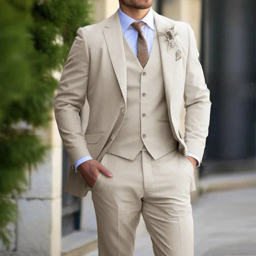 SUENTA Admire | Herren Modern Moderne Hochzeitsgast Anzug Set | 3-teiliges Set Beige