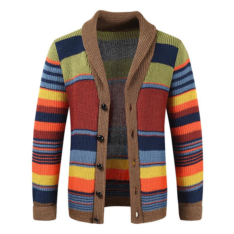 SUENTA Herren Retro-Cardigan Mit Farbblock Und Knopfleiste Braun Rot Gelb