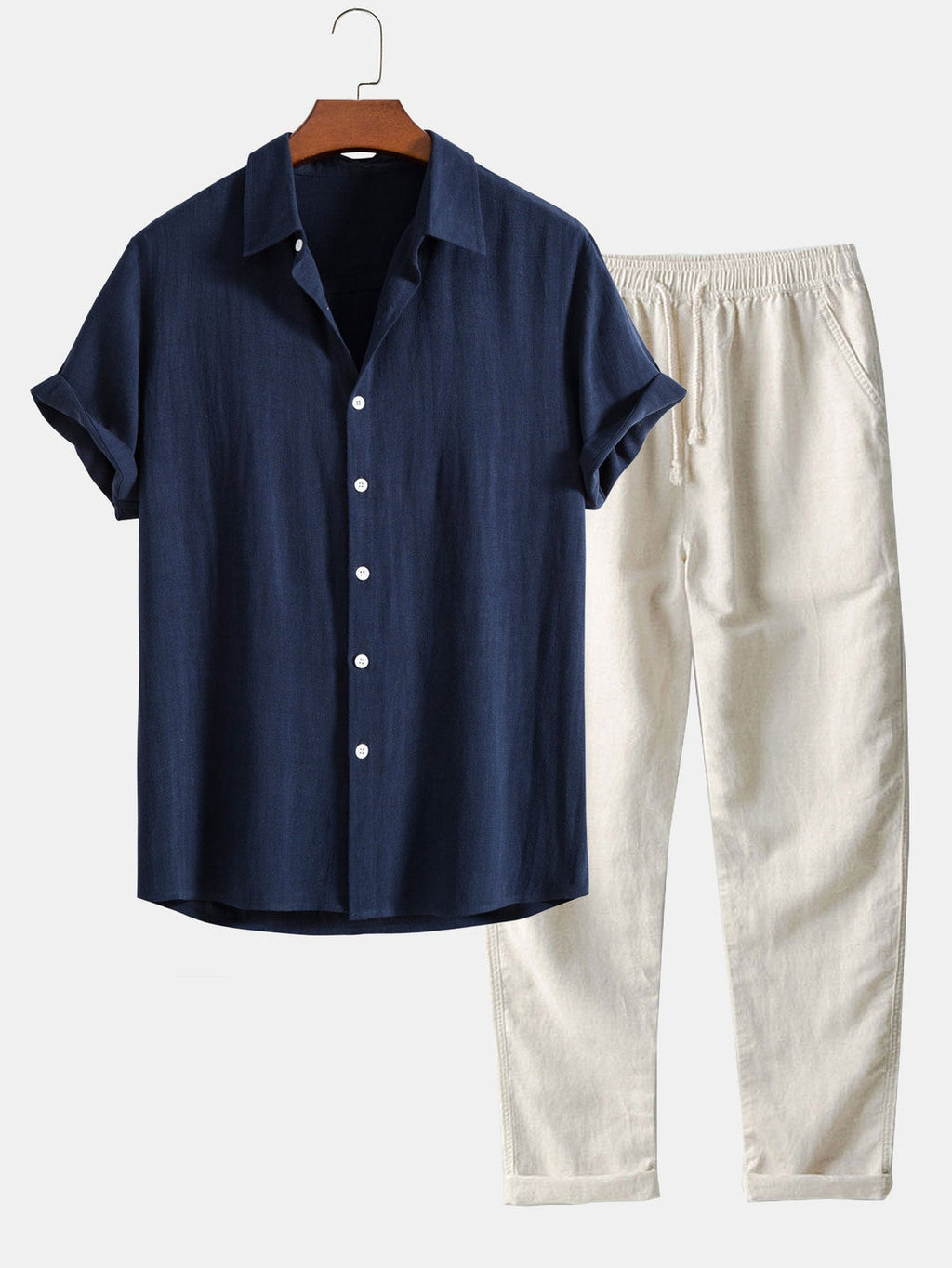 SUENTA Herren Sommer Set Hemd Und Hose Stehkragen Kurzarm Leicht Navy blau