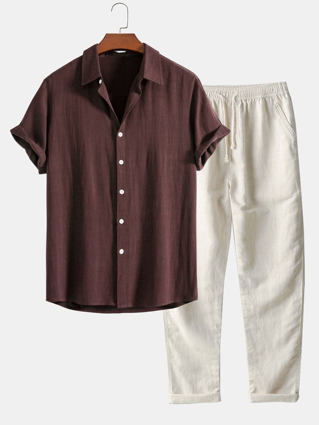 SUENTA Herren Sommer Set Hemd Und Hose Stehkragen Kurzarm Leicht Kaffeebraun