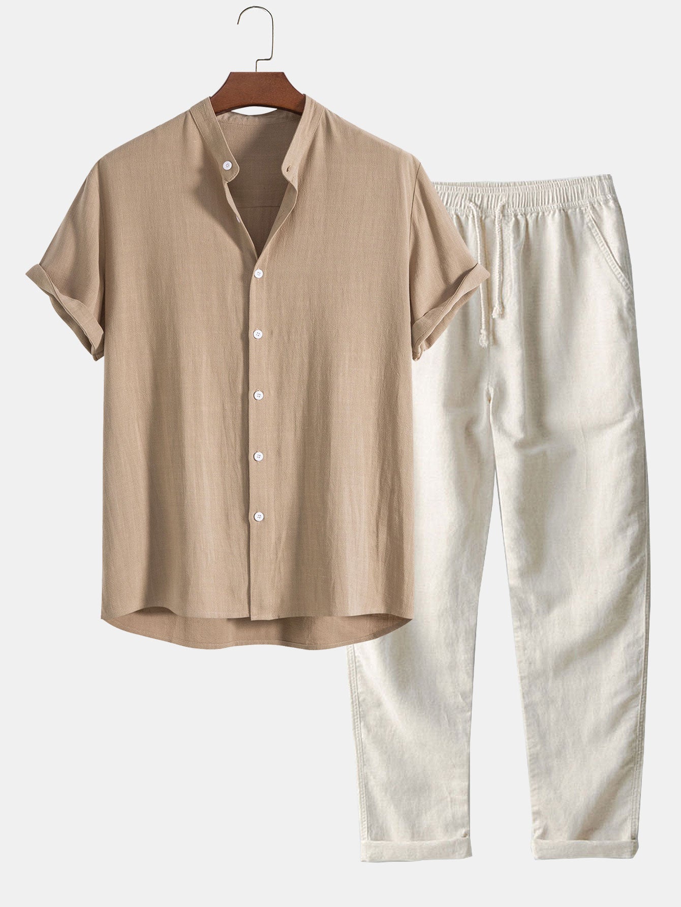 SUENTA Herren Sommer Set Hemd Und Hose Stehkragen Kurzarm Leicht Beige