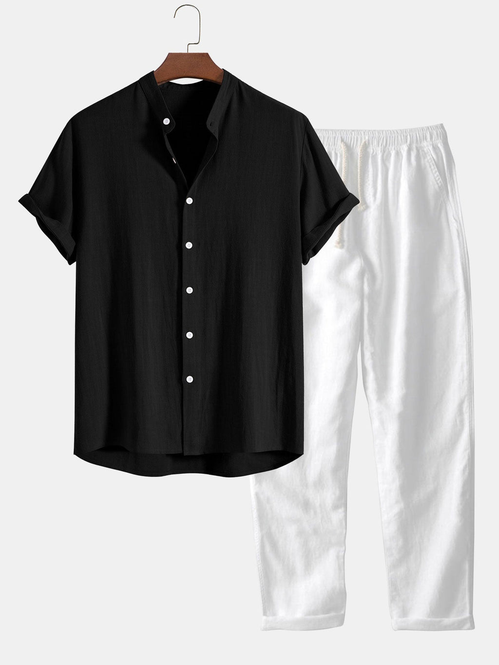 SUENTA Herren Sommer Set Hemd Und Hose Stehkragen Kurzarm Leicht Schwarz