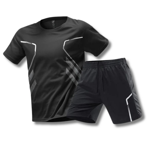 SUENTA Herren Sport Set Atmungsaktiv T Shirt Und Kurze Hose Schwarz