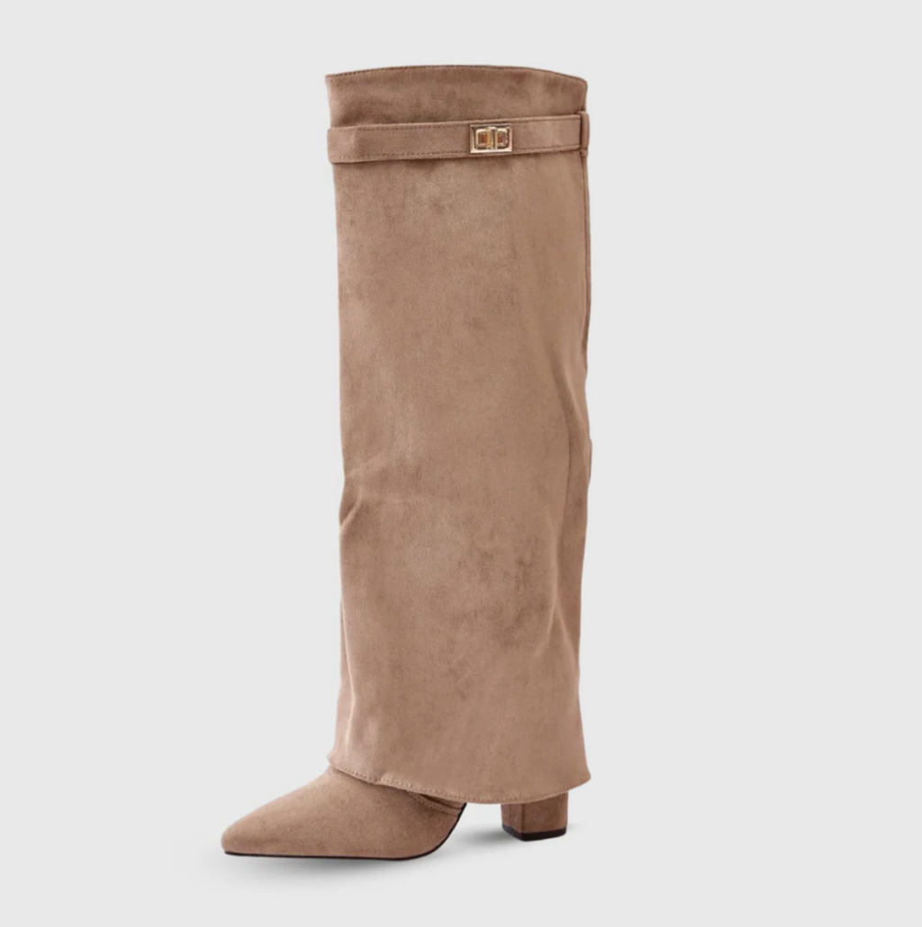 SUENTA Hohe Leder Kniehohen Stiefel Goldene Schnalle Samtige Textur Taupe