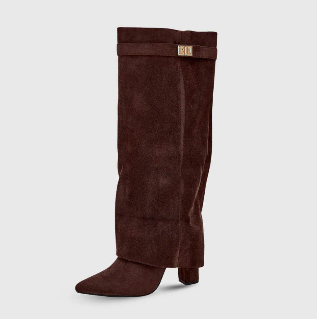 SUENTA Hohe Leder Kniehohen Stiefel Goldene Schnalle Samtige Textur Braun