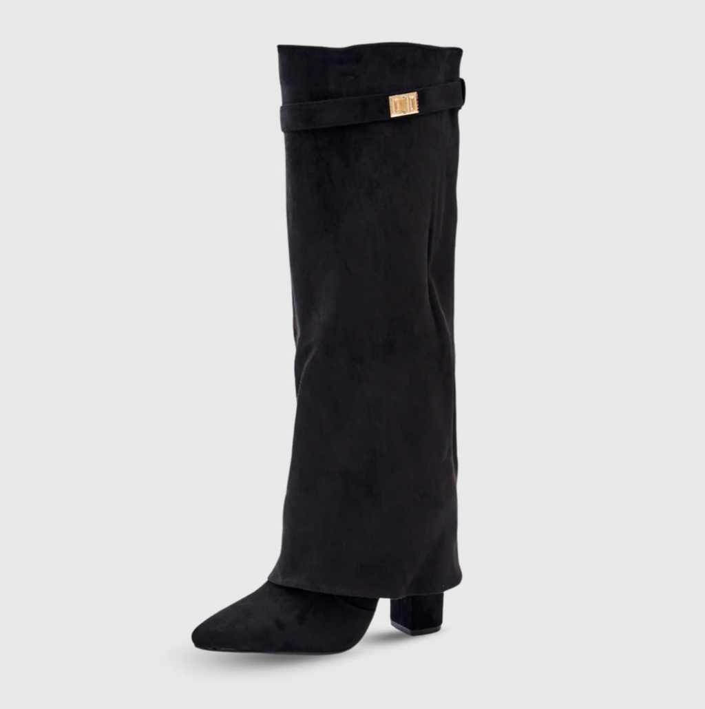 SUENTA Hohe Leder Kniehohen Stiefel Goldene Schnalle Samtige Textur Schwarz