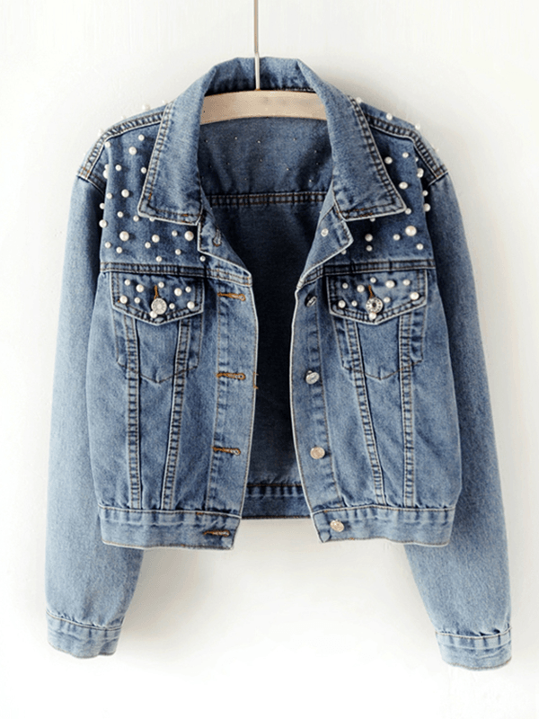 SUENTA Damen Jeansjacke – Denimjacke mit Geknöpften Taschen und Strass-Perlenbesatz Blau