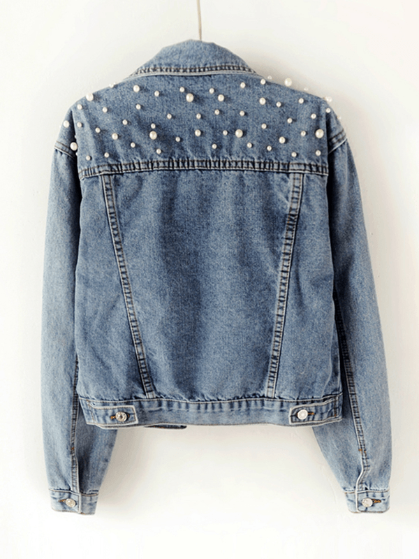 SUENTA Damen Jeansjacke – Denimjacke mit Geknöpften Taschen und Strass-Perlenbesatz