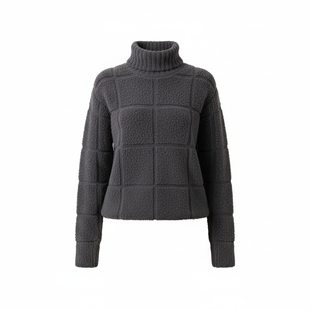 SUENTA Damen Karo-Rollkragenpullover mit Rippstrick Strukturierter Lockere Passform