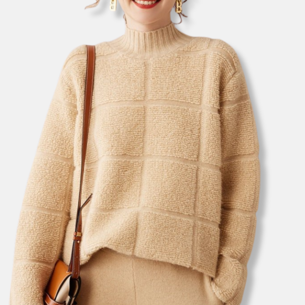 SUENTA Damen Karo-Rollkragenpullover mit Rippstrick Strukturierter Lockere Passform