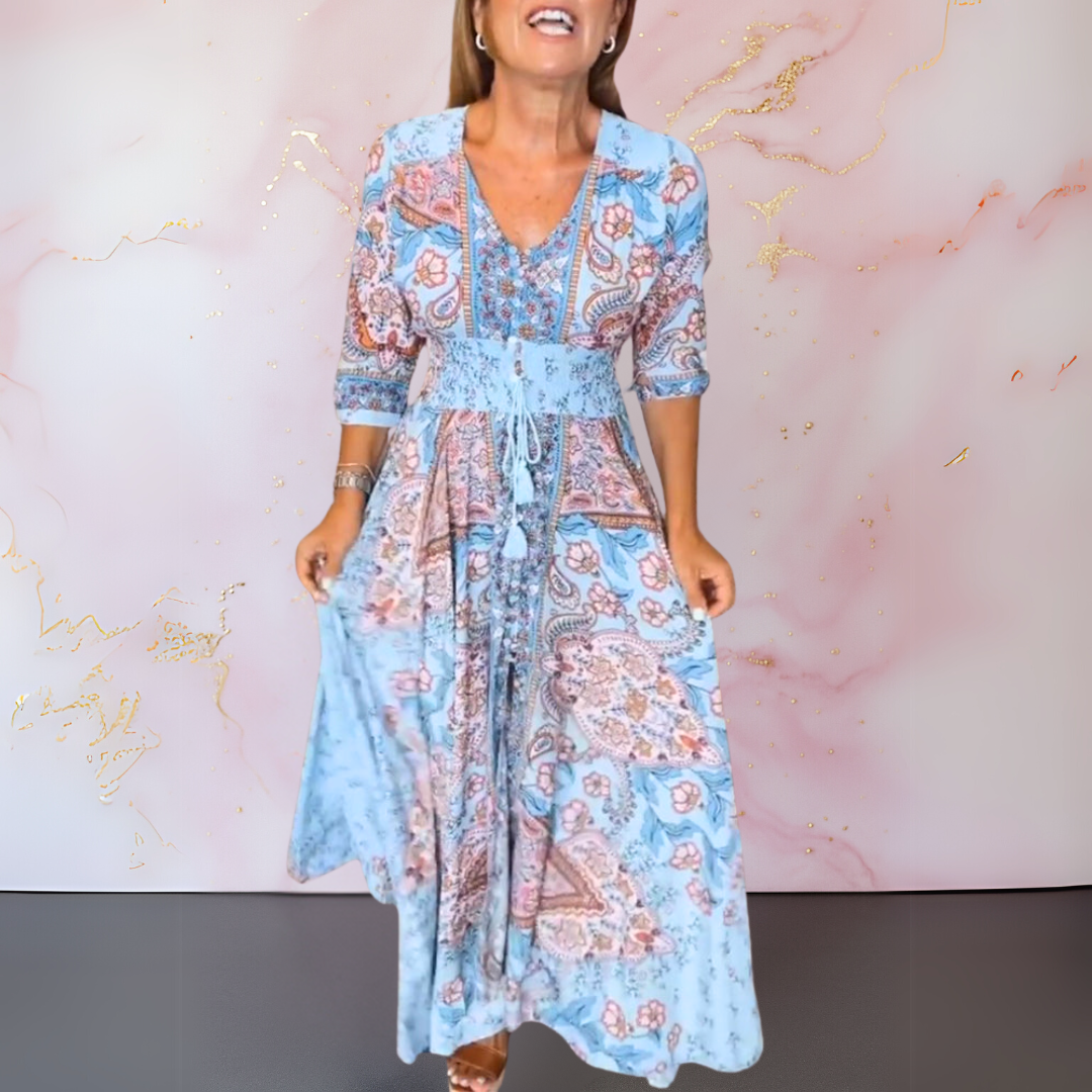 SUENTA Ziya | Lange Sommerrobe mit V-Ausschnitt für Damen – Chic Artisan Grace & Refined Slimming Silhouette