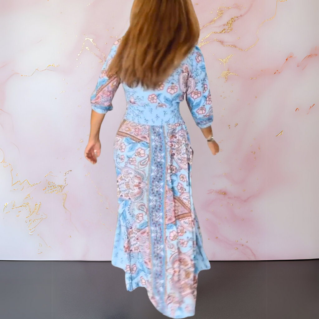 SUENTA Ziya | Lange Sommerrobe mit V-Ausschnitt für Damen – Chic Artisan Grace & Refined Slimming Silhouette
