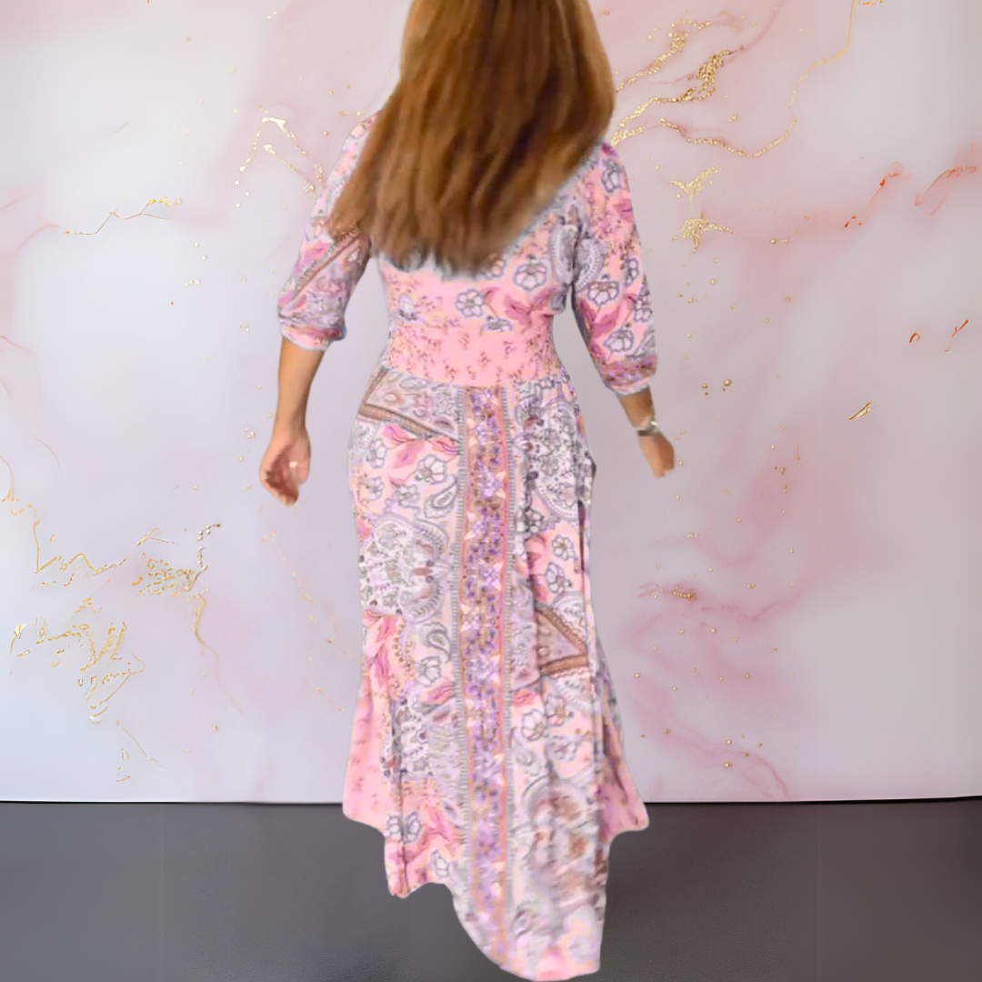 SUENTA Ziya | Lange Sommerrobe mit V-Ausschnitt für Damen – Chic Artisan Grace & Refined Slimming Silhouette
