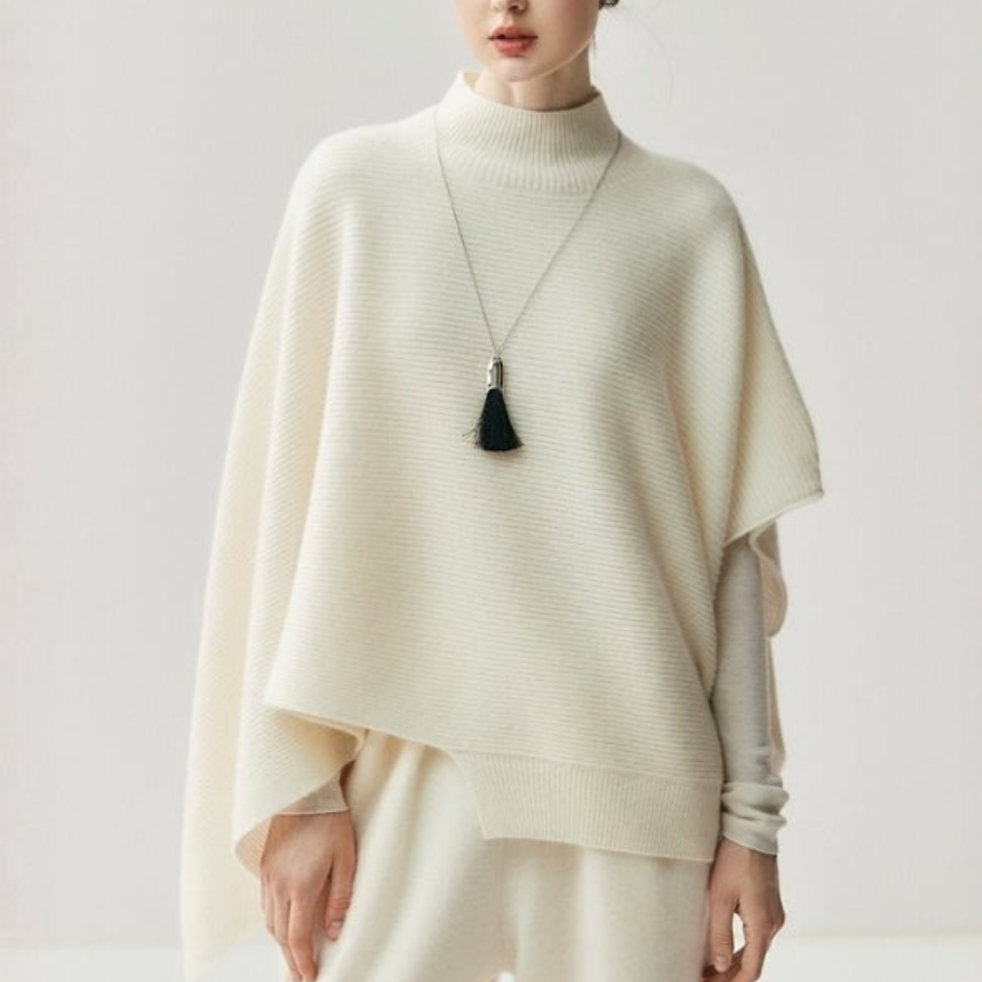 SUENTA Damen Poncho Mit Lockerer Passform Gerippter Strickponcho Asymmetrischem Saum Weiß