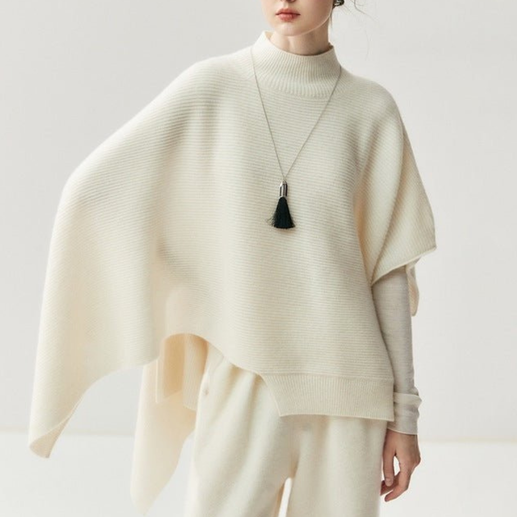 SUENTA Damen Poncho Mit Lockerer Passform Gerippter Strickponcho Asymmetrischem Saum