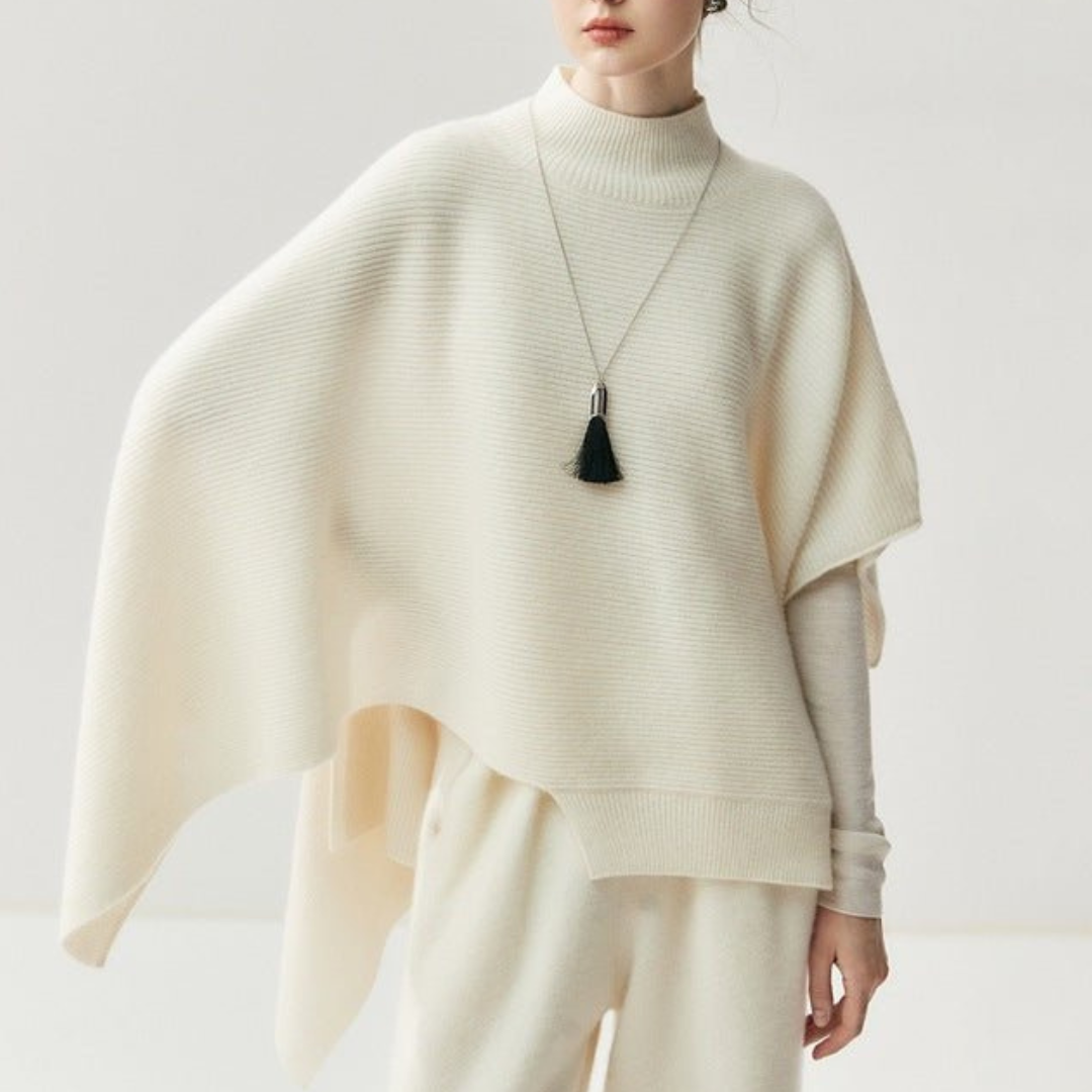 SUENTA Damen Poncho Mit Lockerer Passform Gerippter Strickponcho Asymmetrischem Saum