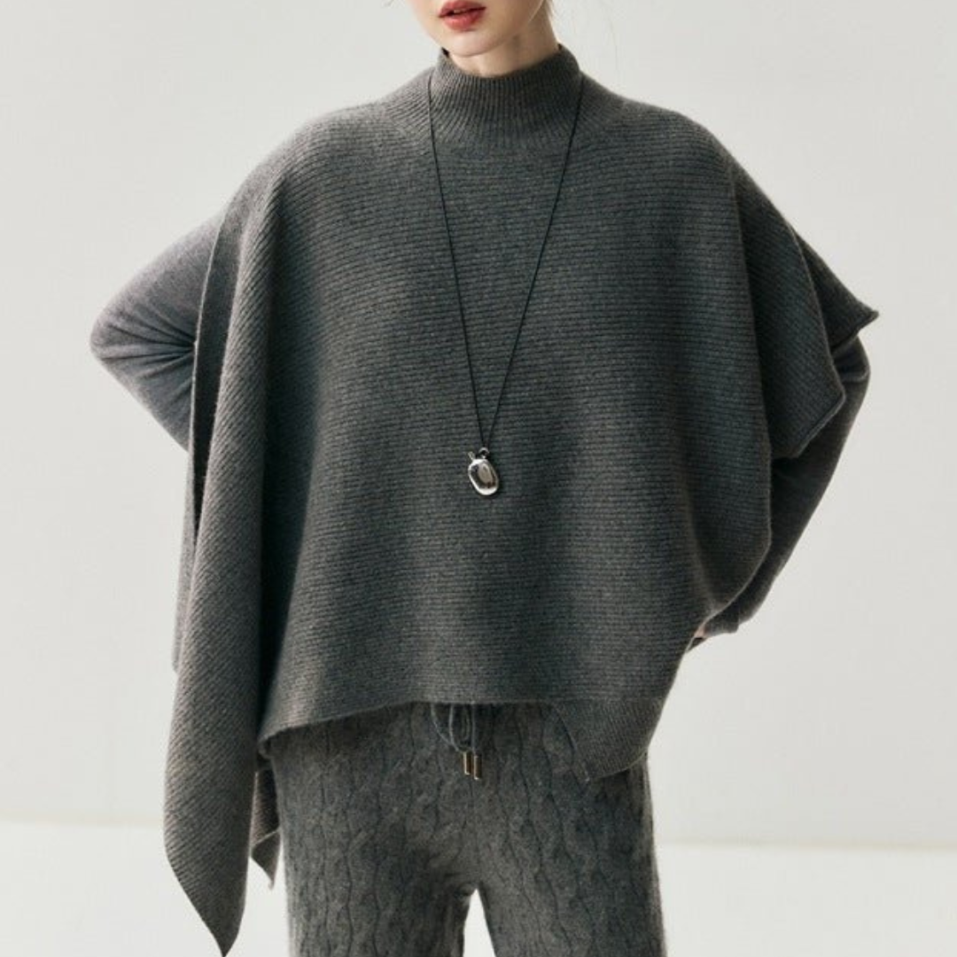 SUENTA Damen Poncho Mit Lockerer Passform Gerippter Strickponcho Asymmetrischem Saum