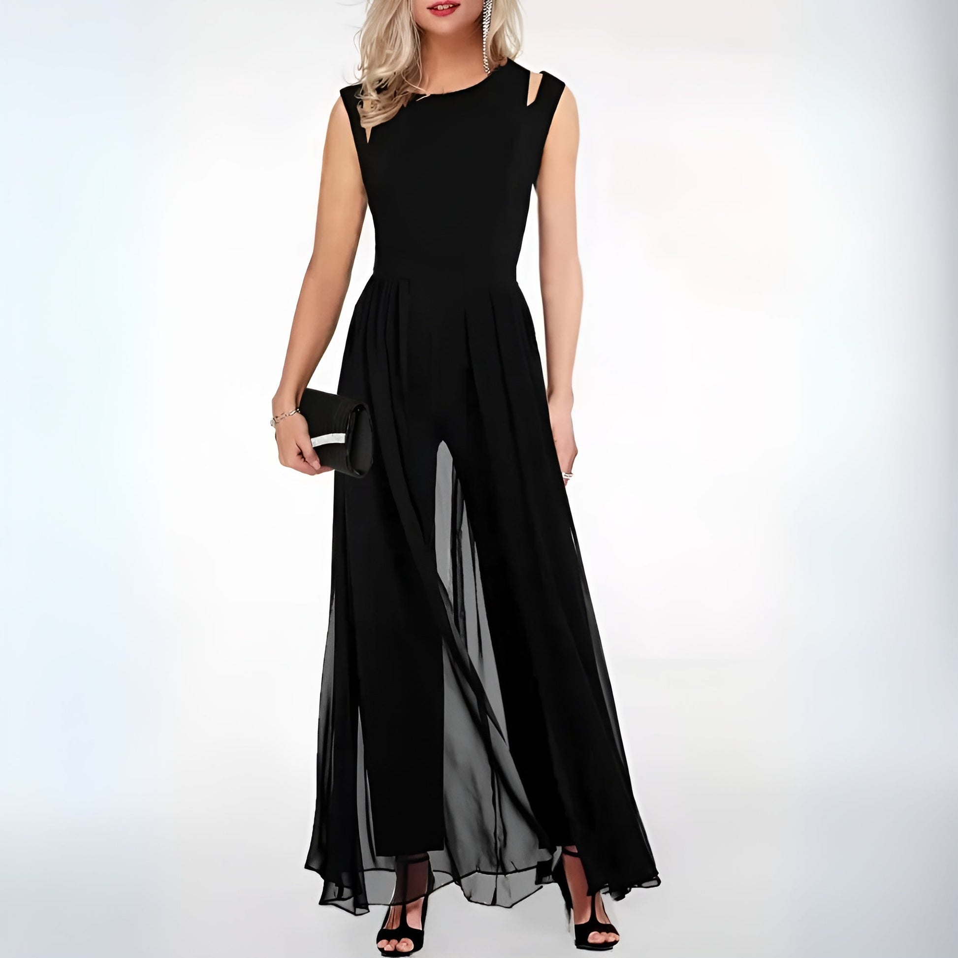 SUENTA Damen Jumpsuit Trendy Ärmelloses Design Schulterakzent - Overall Schwarz