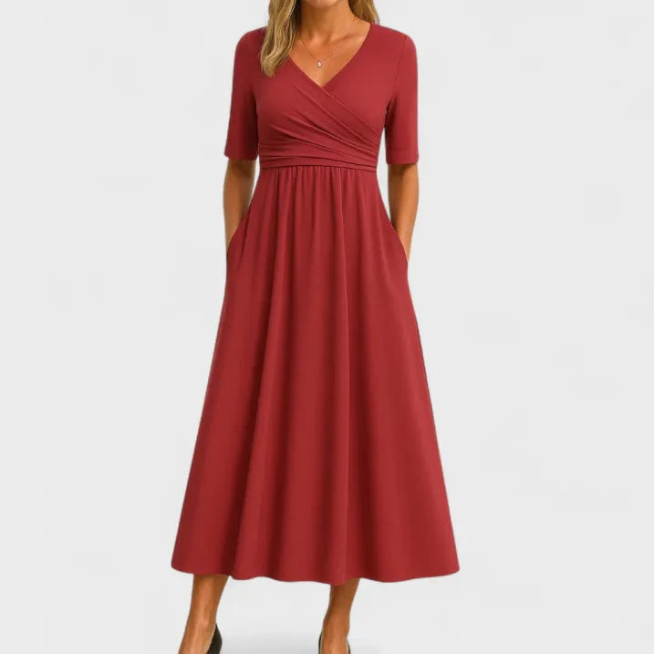 SUENTA Manda | Damen Hochzeitsgast-Kleid – Strukturierter Jacquard & Festliche Midi-Länge Rot