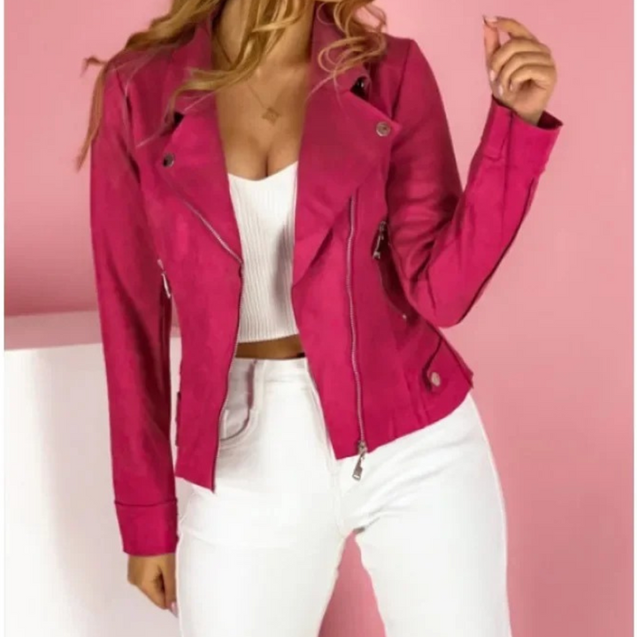SUENTA Damen Lederjacke Klassischer Stil Rosa