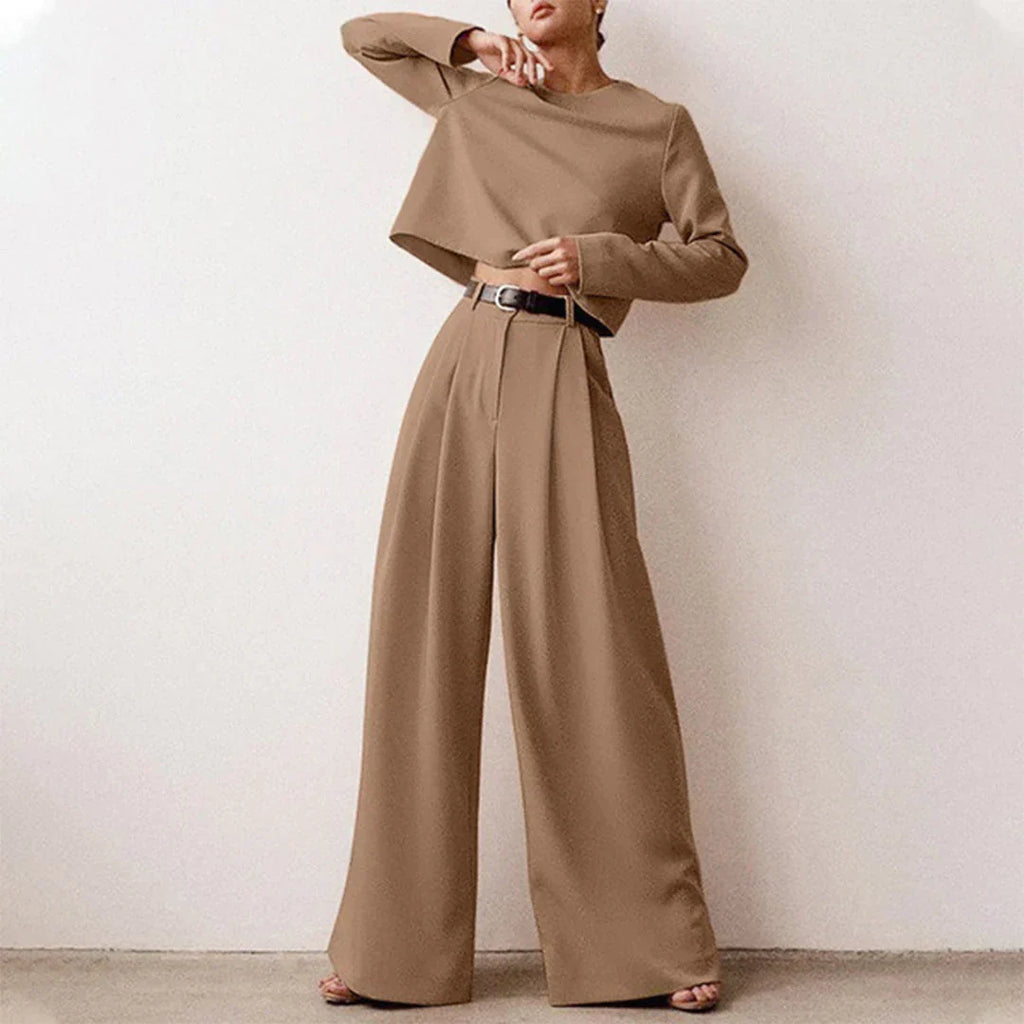 SUENTA Damen Palazzo Zweiteiler – Modisches Set mit Weiten Beinen in Einfarbigem Design Khaki