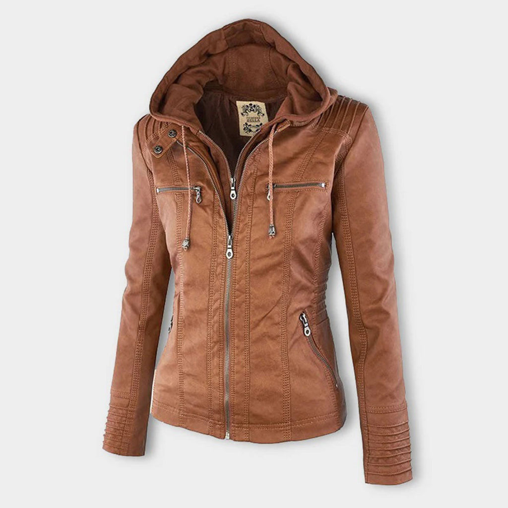 SUENTA Damen Lederjacke Wetterfester Kapuze Schwarz Wasserabweisend