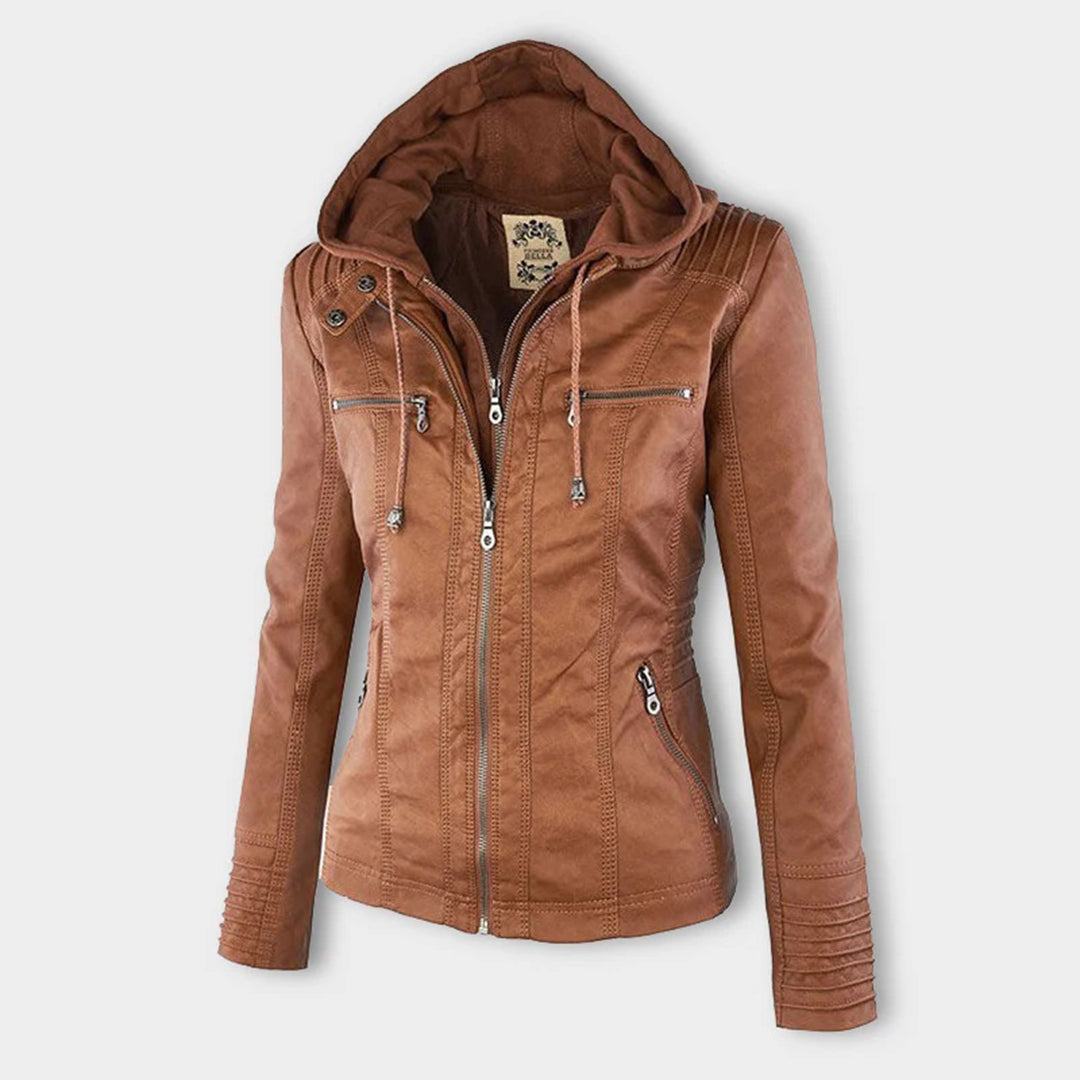SUENTA Damen Lederjacke Wetterfester Kapuze Schwarz Wasserabweisend