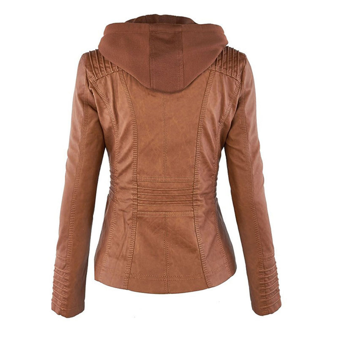 SUENTA Damen Lederjacke Wetterfester Kapuze Schwarz Wasserabweisend