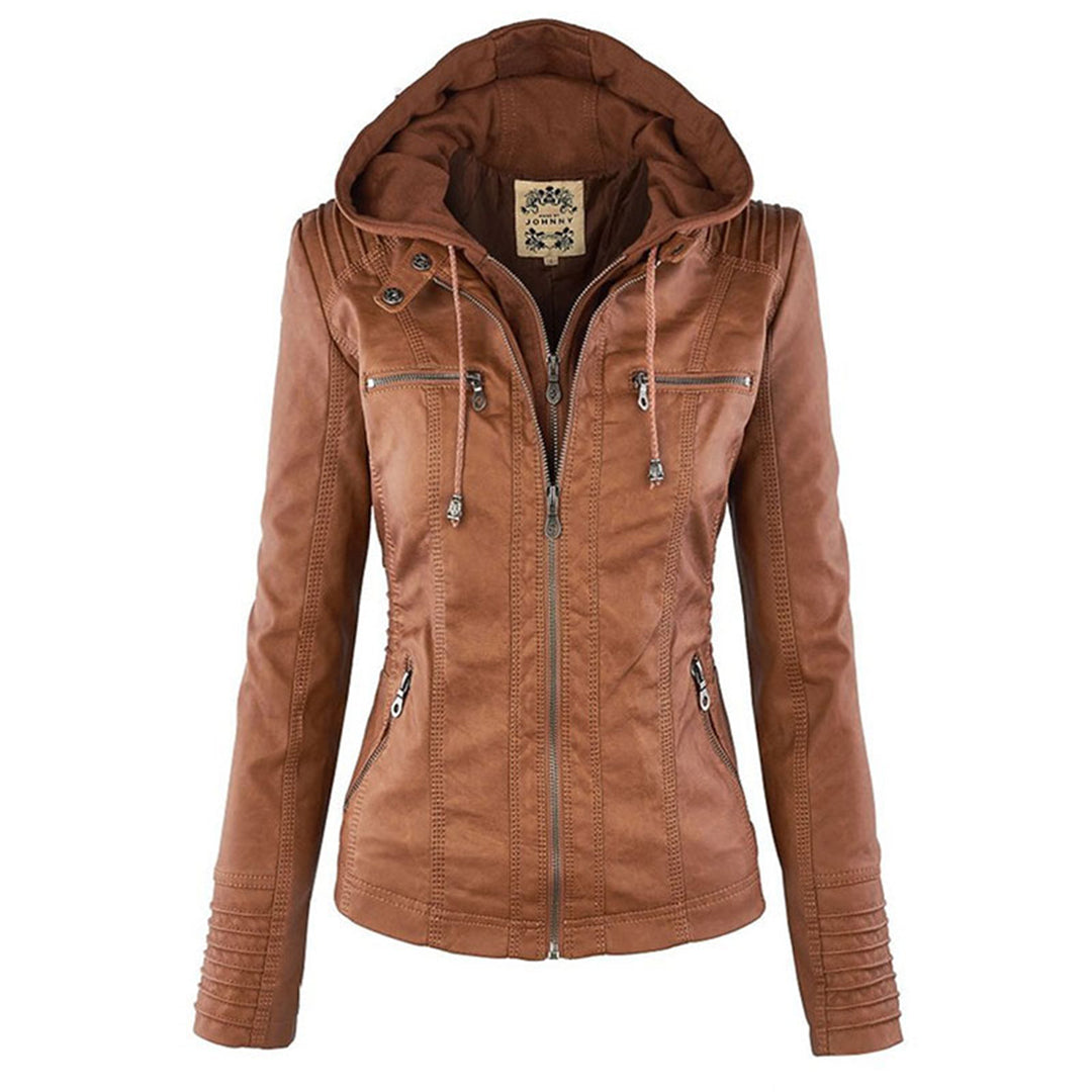 SUENTA Damen Lederjacke Wetterfester Kapuze Schwarz Wasserabweisend Khaki
