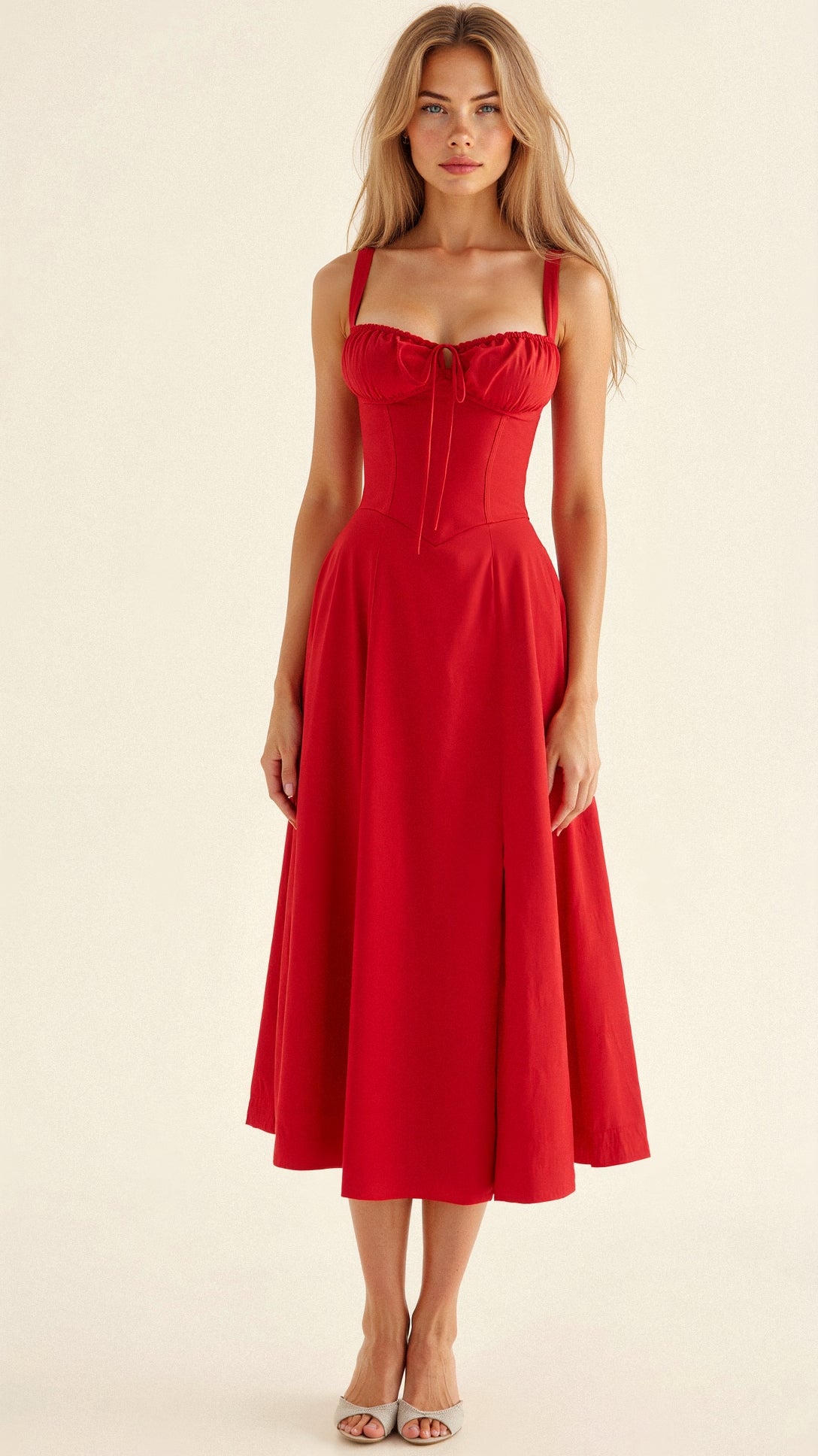 SUENTA Luna | Damen Midikleid – Korsett-Oberteil & Fliessernder Rock Rot