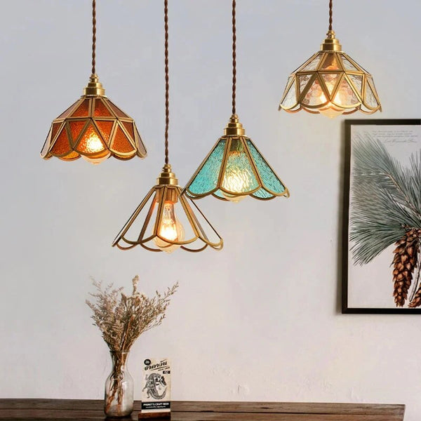 SUENTA Klassische Buntglas-Pendelleuchte Orange B