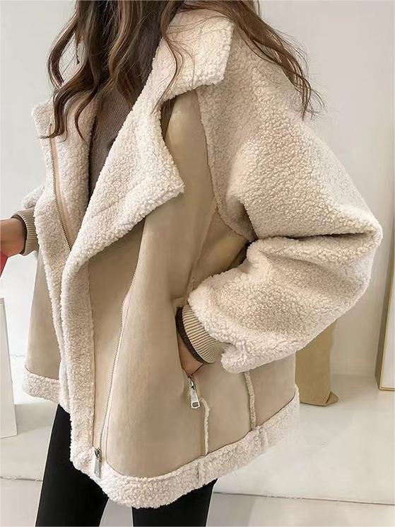 SUENTA Oversize-Jacke Veganem Wildlederpelz Reverskragen Polyester, PU Lockere Passform Aprikose