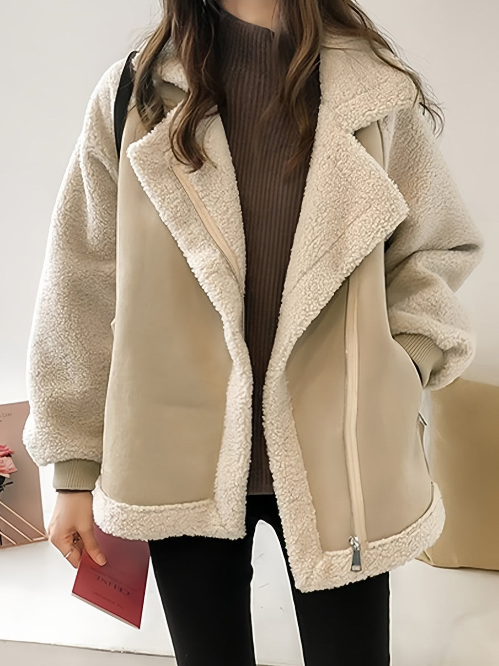 SUENTA Oversize-Jacke Veganem Wildlederpelz Reverskragen Polyester, PU Lockere Passform