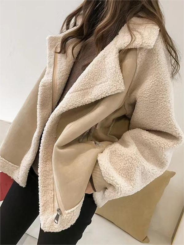 SUENTA Oversize-Jacke Veganem Wildlederpelz Reverskragen Polyester, PU Lockere Passform