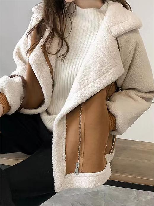 SUENTA Oversize-Jacke Veganem Wildlederpelz Reverskragen Polyester, PU Lockere Passform Braun