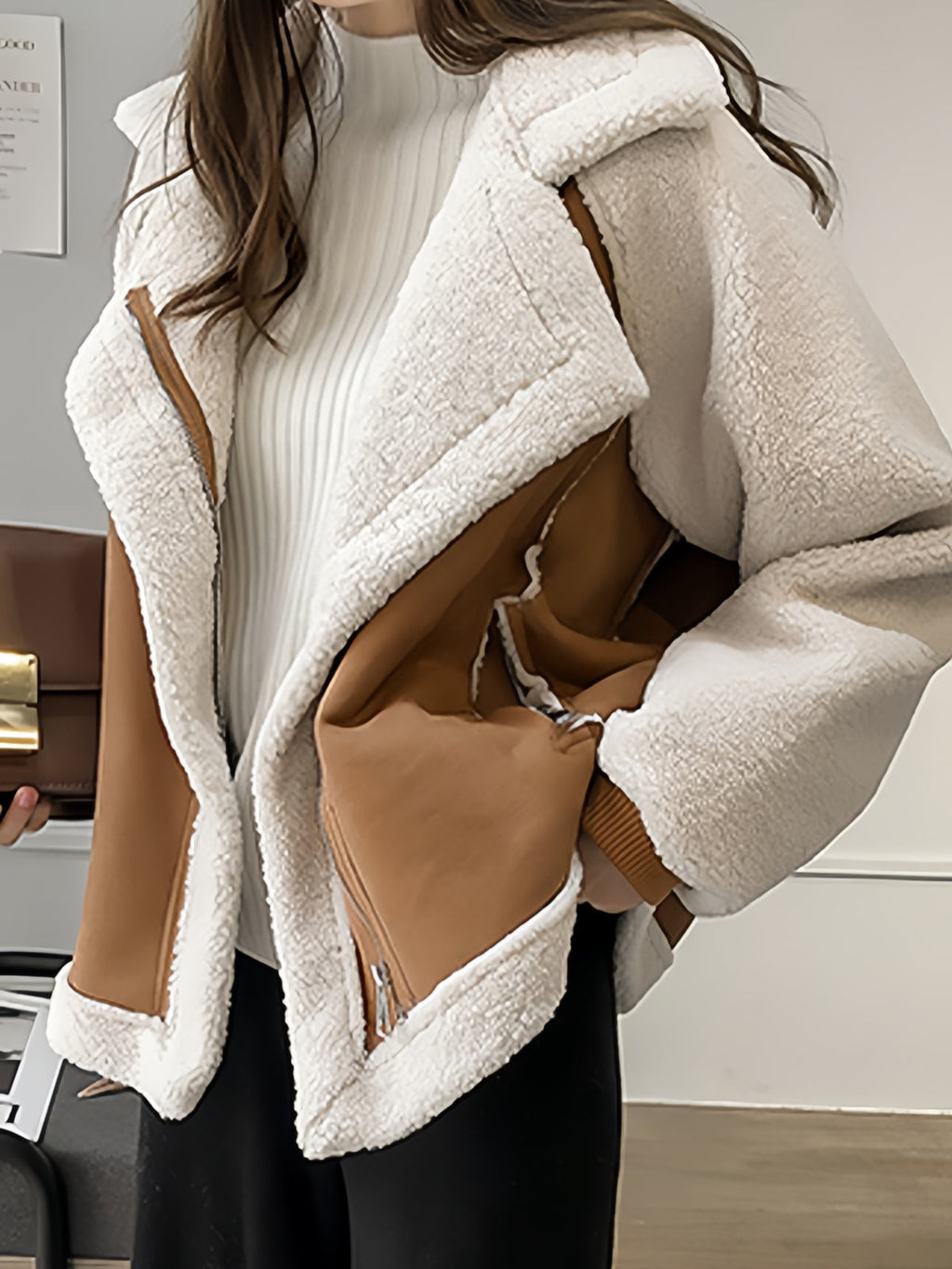 SUENTA Oversize-Jacke Veganem Wildlederpelz Reverskragen Polyester, PU Lockere Passform
