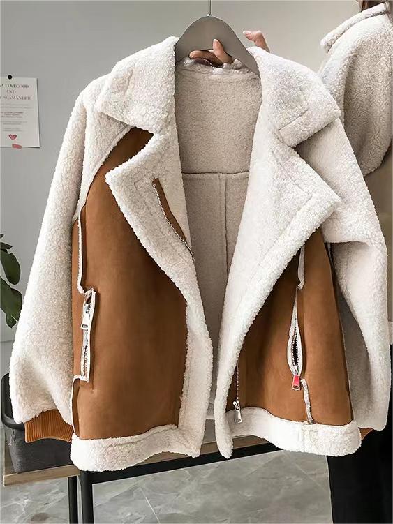 SUENTA Oversize-Jacke Veganem Wildlederpelz Reverskragen Polyester, PU Lockere Passform