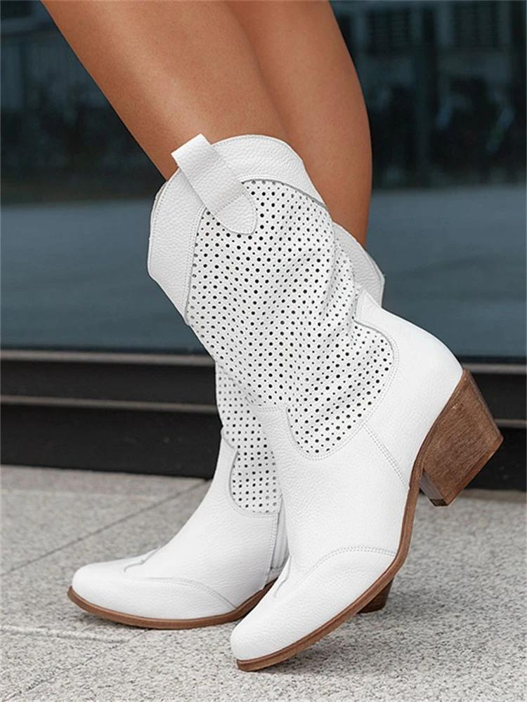 SUENTA Dôre | Kniehohe Cowboystiefel für Damen – Mittelhoher Absatz & Stickereien Weiß