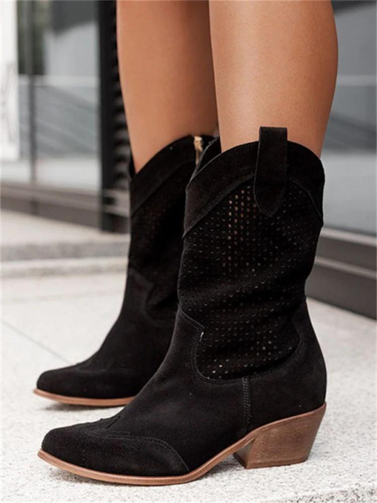 SUENTA Dôre | Kniehohe Cowboystiefel für Damen – Mittelhoher Absatz & Stickereien Schwarz