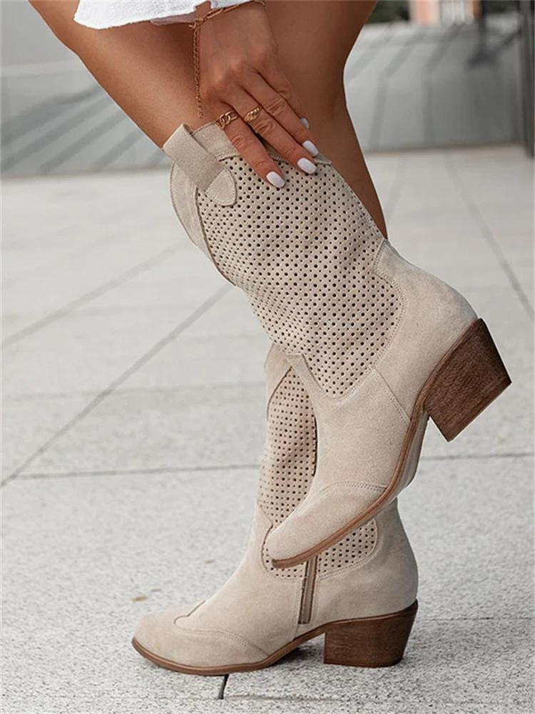 SUENTA Dôre | Kniehohe Cowboystiefel für Damen – Mittelhoher Absatz & Stickereien Khaki