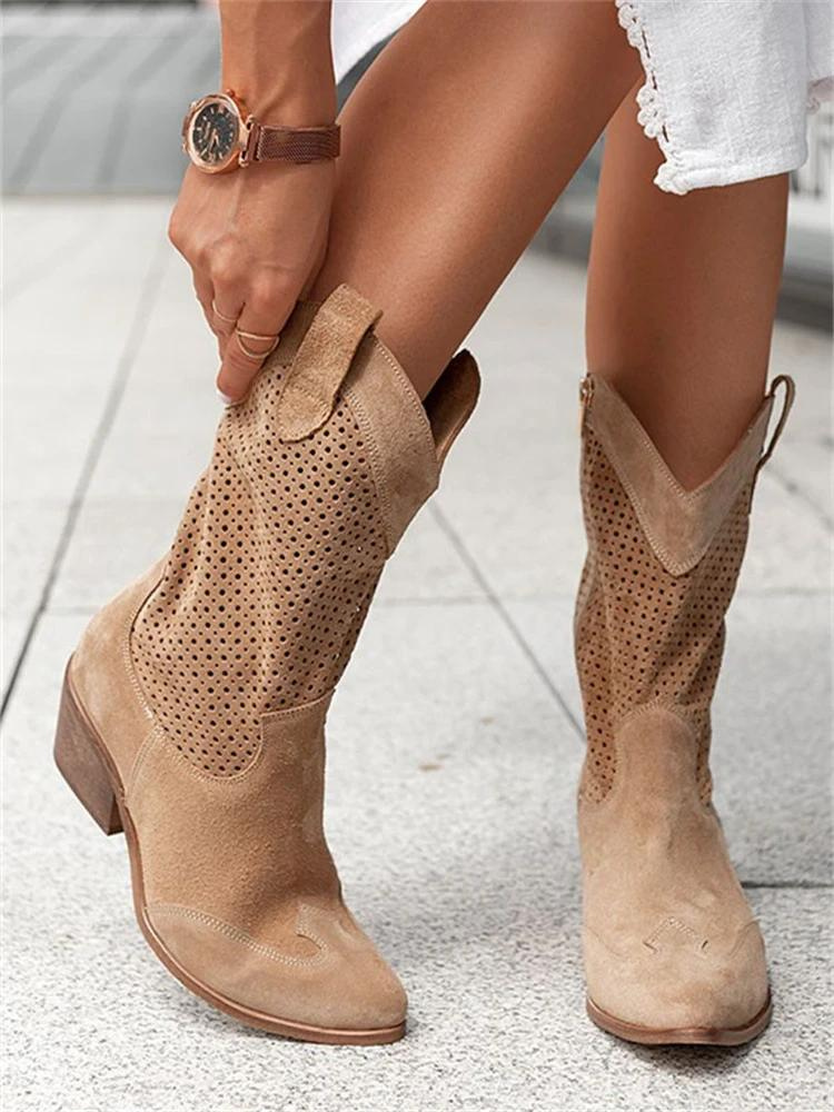 SUENTA Dôre | Kniehohe Cowboystiefel für Damen – Mittelhoher Absatz & Stickereien
