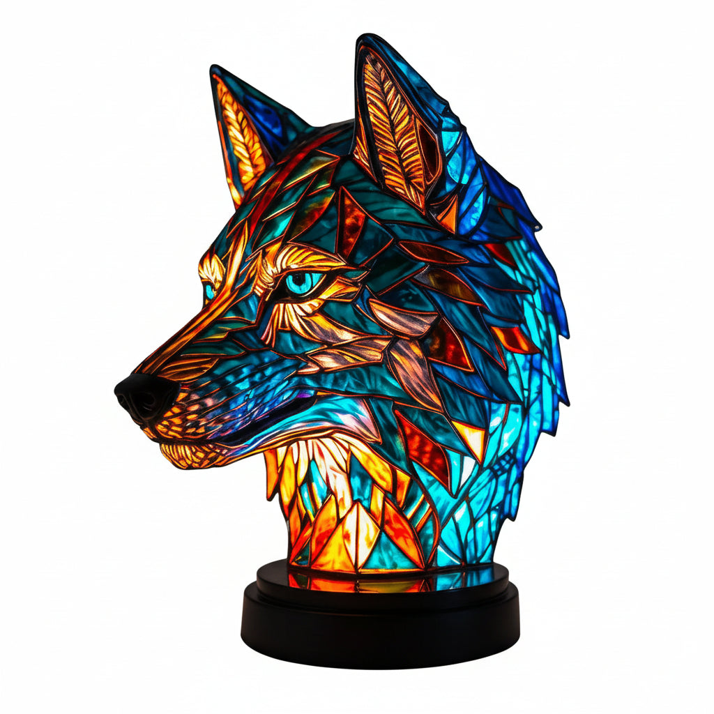 SUENTA Künstlerische Lampe Glasmalerei Stil Mit 20 Einzigartigen Tiermotiven Lichtspiel Wolf 15CM