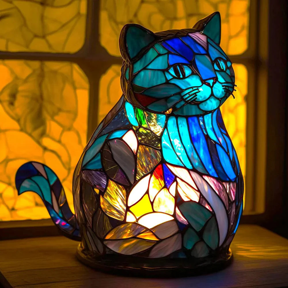 SUENTA Künstlerische Lampe Glasmalerei Stil Mit 20 Einzigartigen Tiermotiven Lichtspiel Katze 15CM
